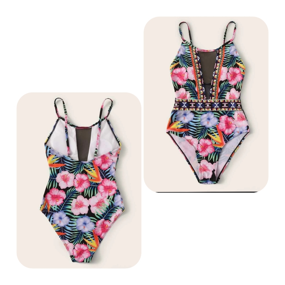 Floral Print Contrast Mesh One Piece Swimsuit